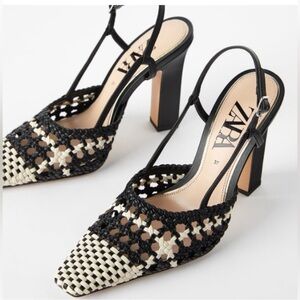 Zara Braided High Square Heel Shoes Houndstooth Sz39/US8
